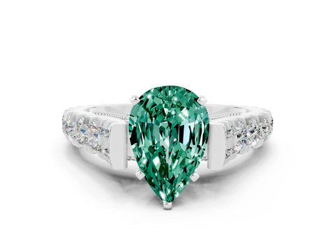 White gold Pear Cut Green Sapphire Classic Solitaire Ring with Pavé Band and Four-Prong Setting