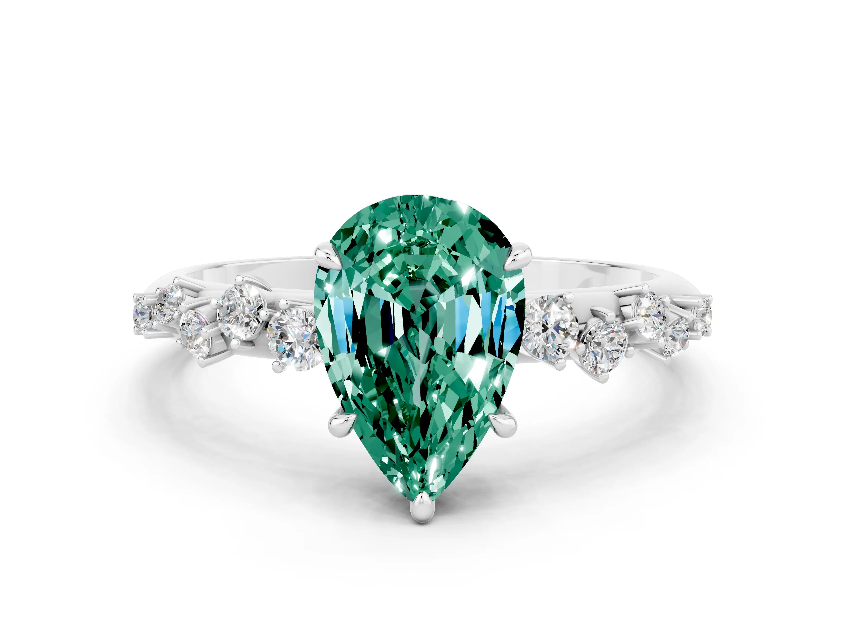 White gold Pear Cut Green Sapphire Cluster Side Stone Solitaire Ring with Prong Setting_24