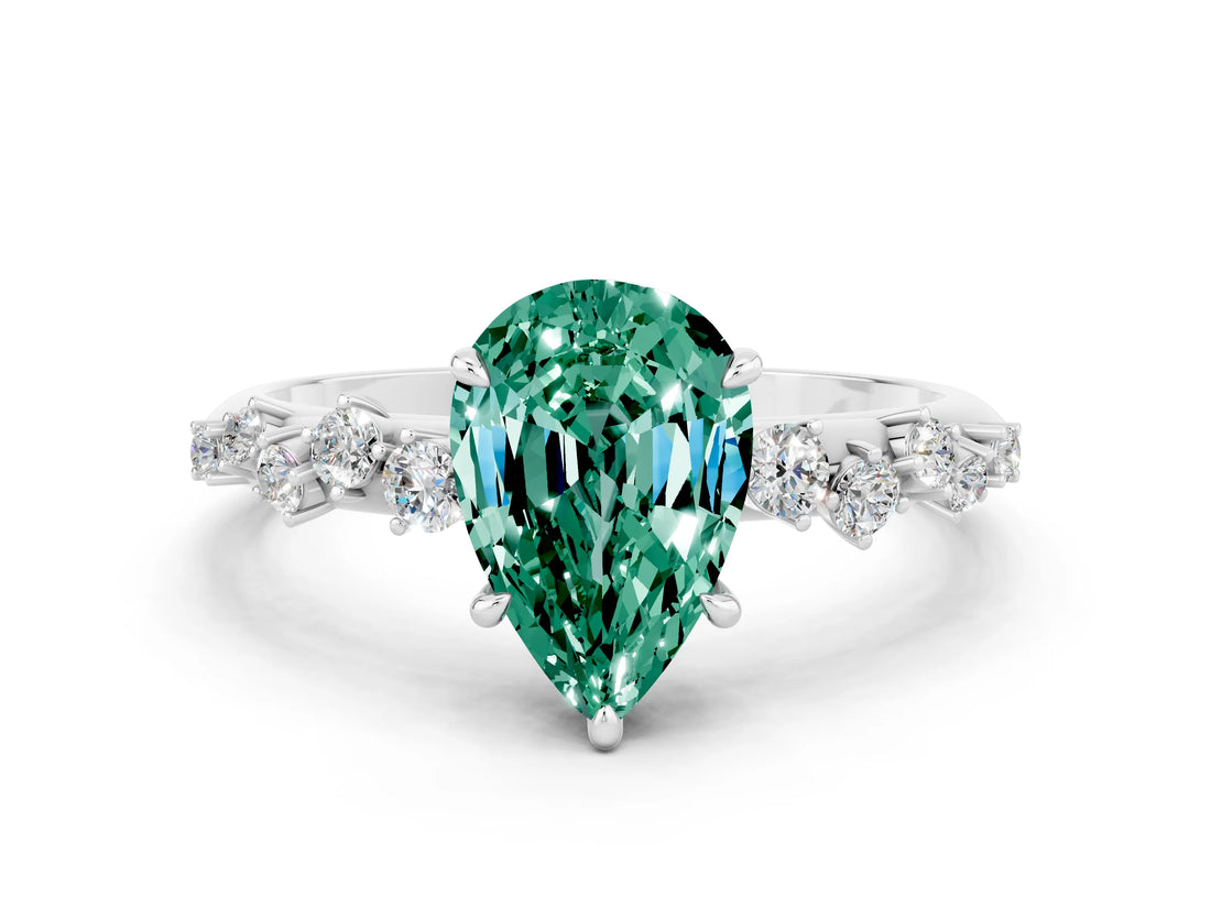 White gold Pear Cut Green Sapphire Cluster Side Stone Solitaire Ring with Prong Setting_24