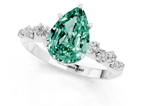 White gold Pear Cut Green Sapphire Cluster Side Stone Solitaire Ring with Prong Setting_25