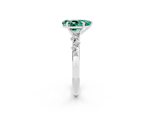 Platinum Pear Cut Green Sapphire Cluster Side Stone Solitaire Ring with Prong Setting