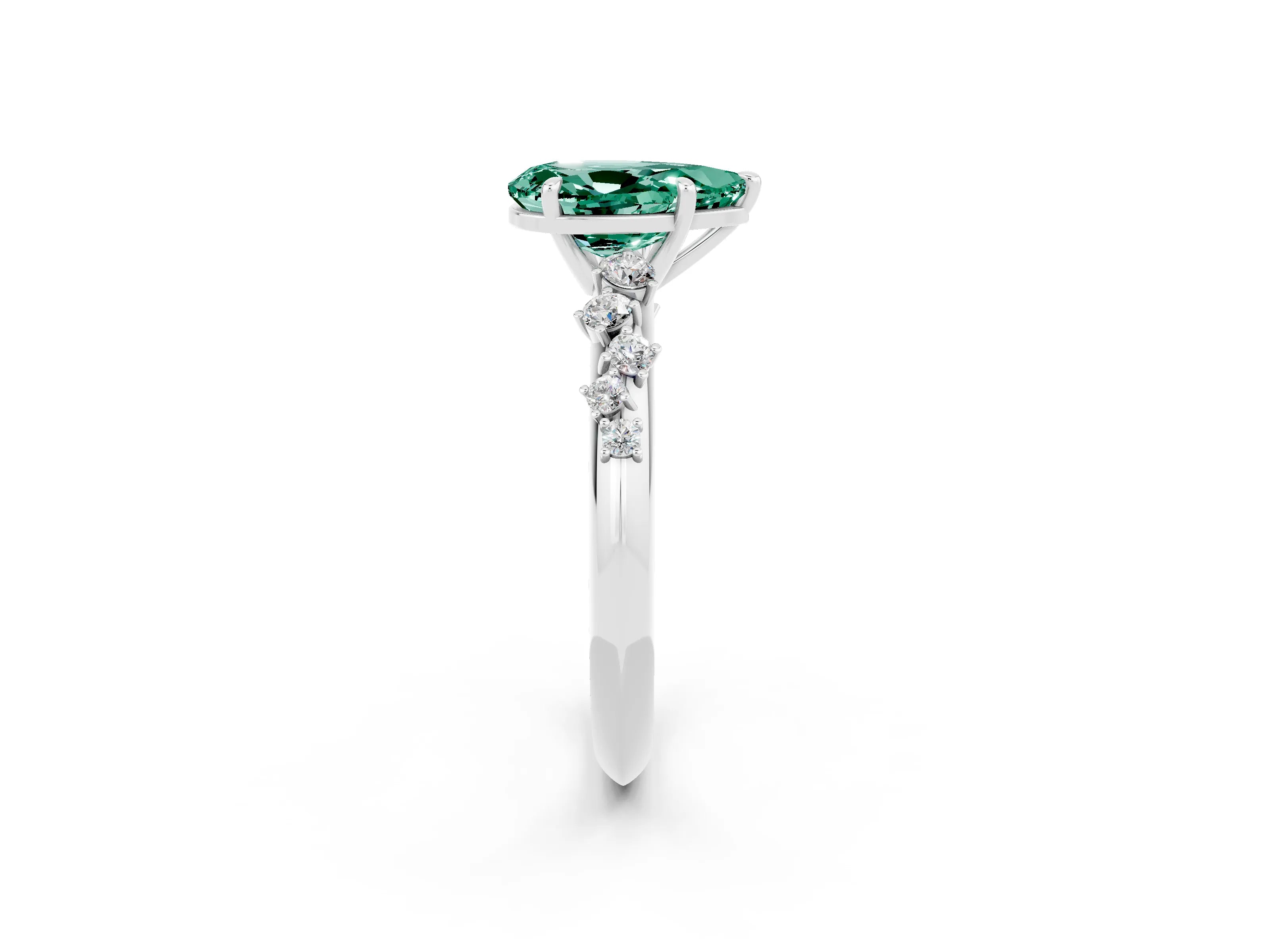 White gold Pear Cut Green Sapphire Cluster Side Stone Solitaire Ring with Prong Setting_26