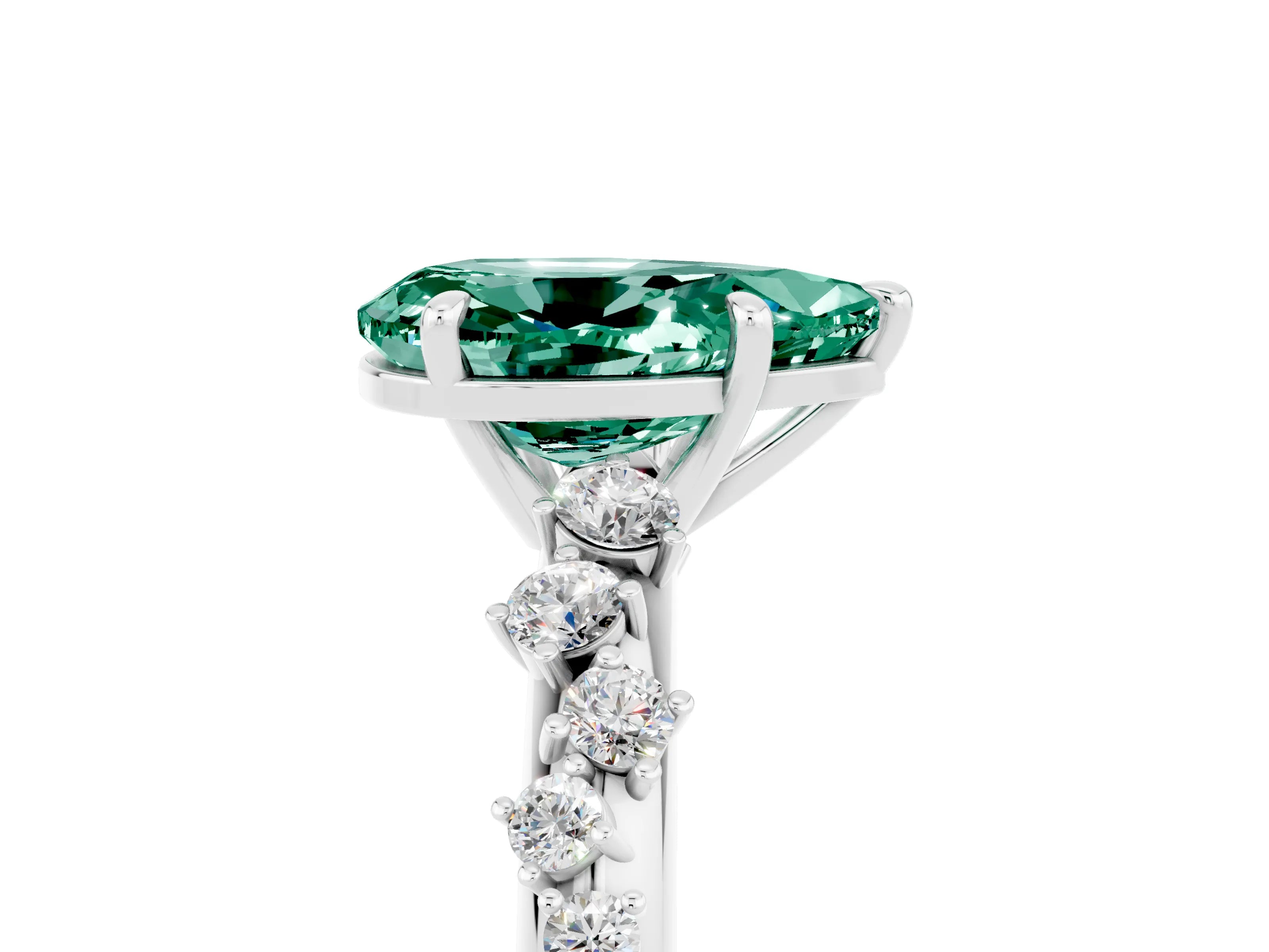 White gold Pear Cut Green Sapphire Cluster Side Stone Solitaire Ring with Prong Setting_29