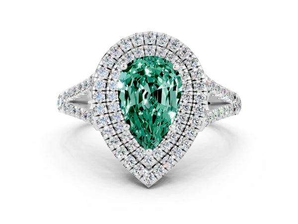 Platinum Pear Cut Green Sapphire Double Halo Ring with Pavé Band and Prong Setting