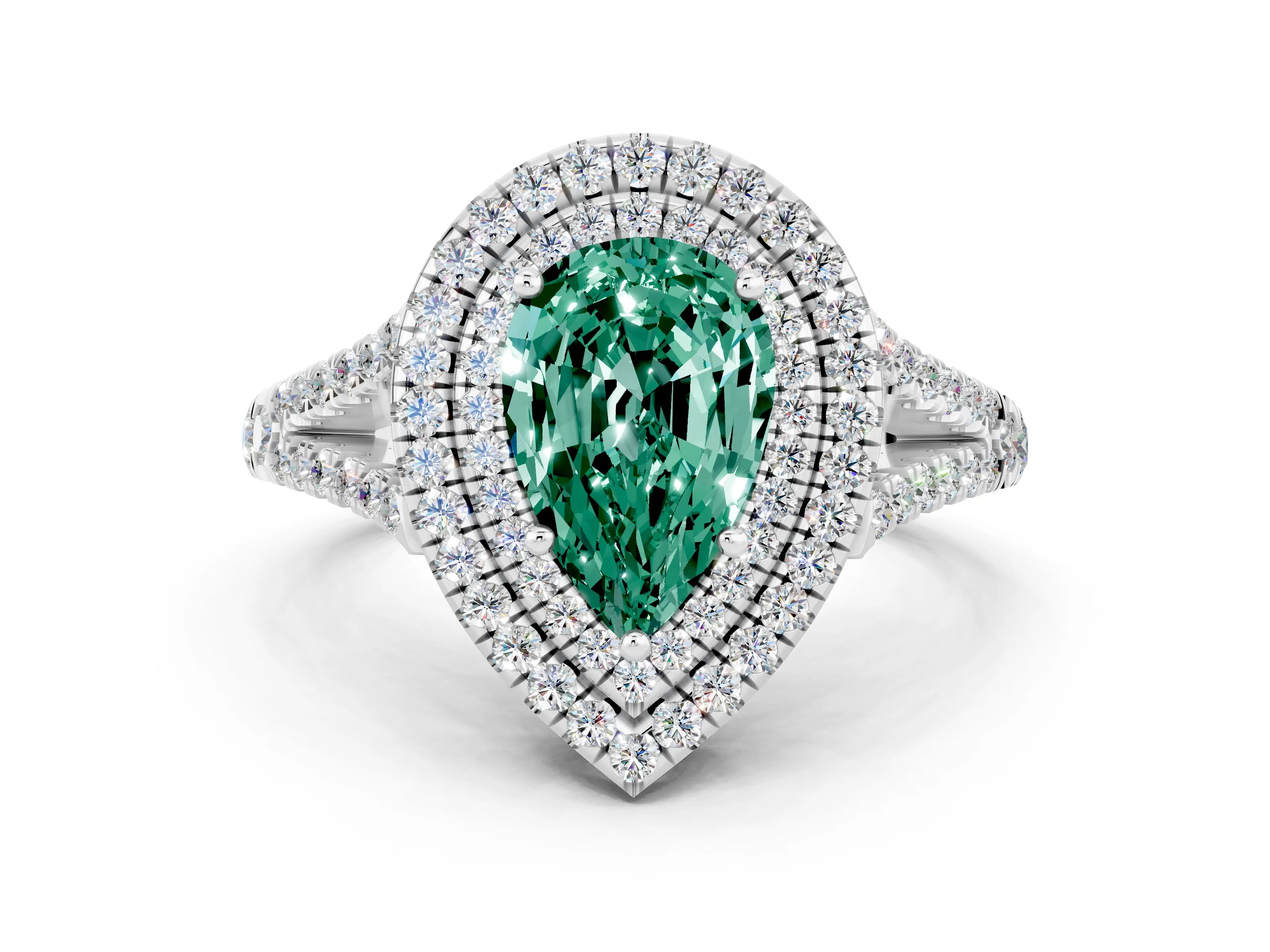 White gold Pear Cut Green Sapphire Double Halo Ring with Pavé Band and Prong Setting_12