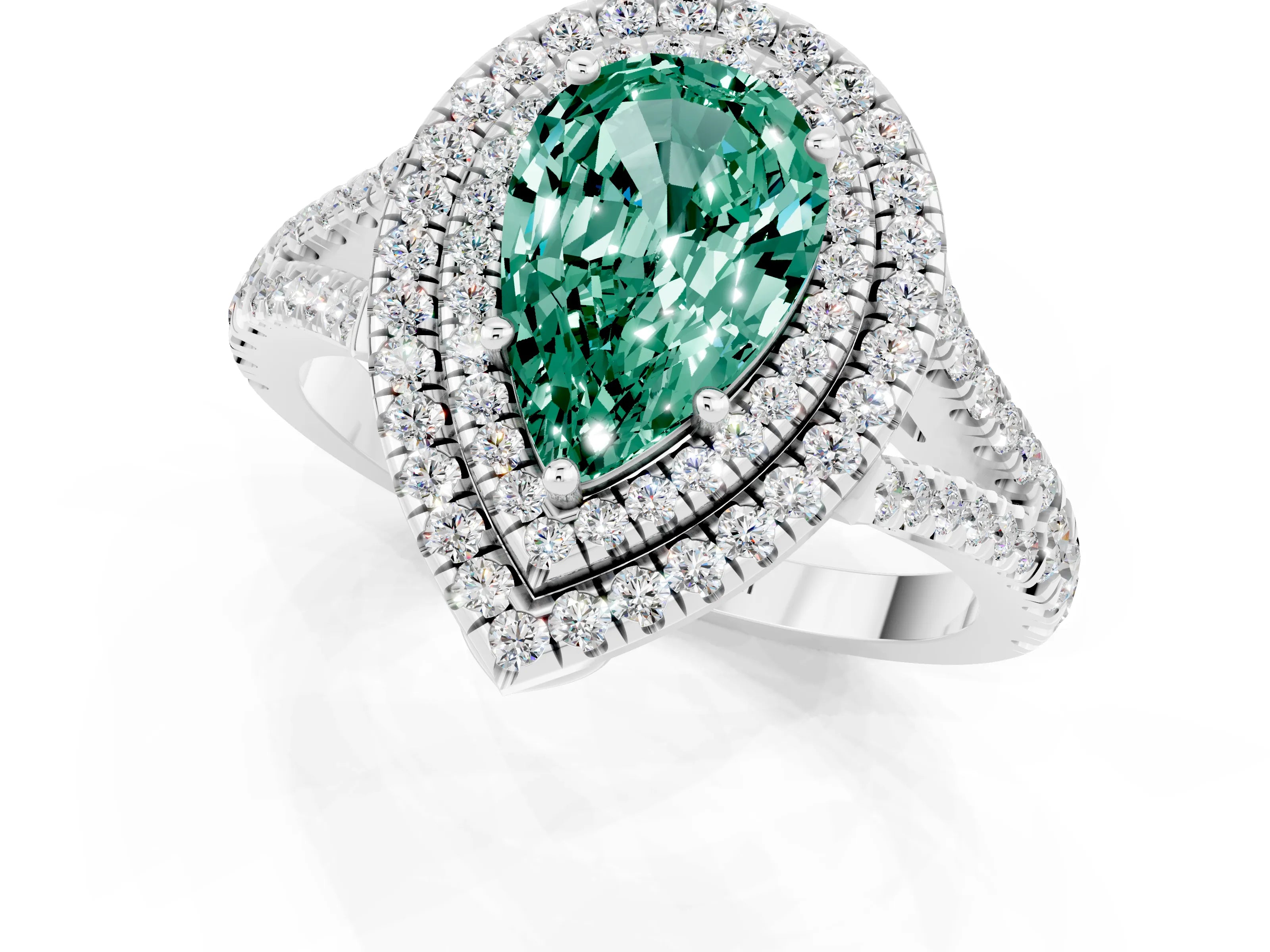 White gold Pear Cut Green Sapphire Double Halo Ring with Pavé Band and Prong Setting_13