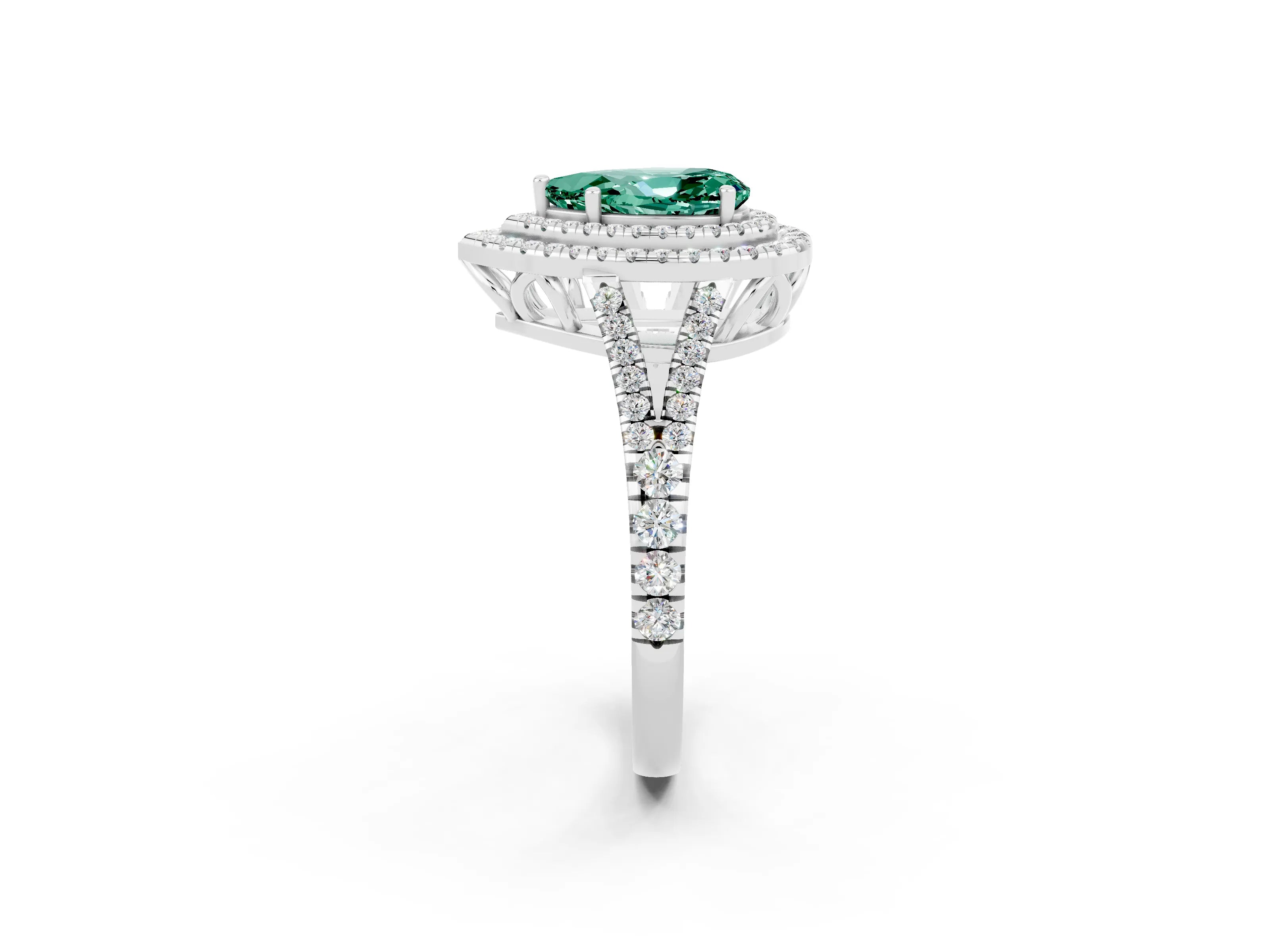 White gold Pear Cut Green Sapphire Double Halo Ring with Pavé Band and Prong Setting_14