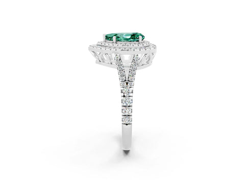 White gold Pear Cut Green Sapphire Double Halo Ring with Pavé Band and Prong Setting_14