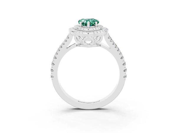 Platinum Pear Cut Green Sapphire Double Halo Ring with Pavé Band and Prong Setting