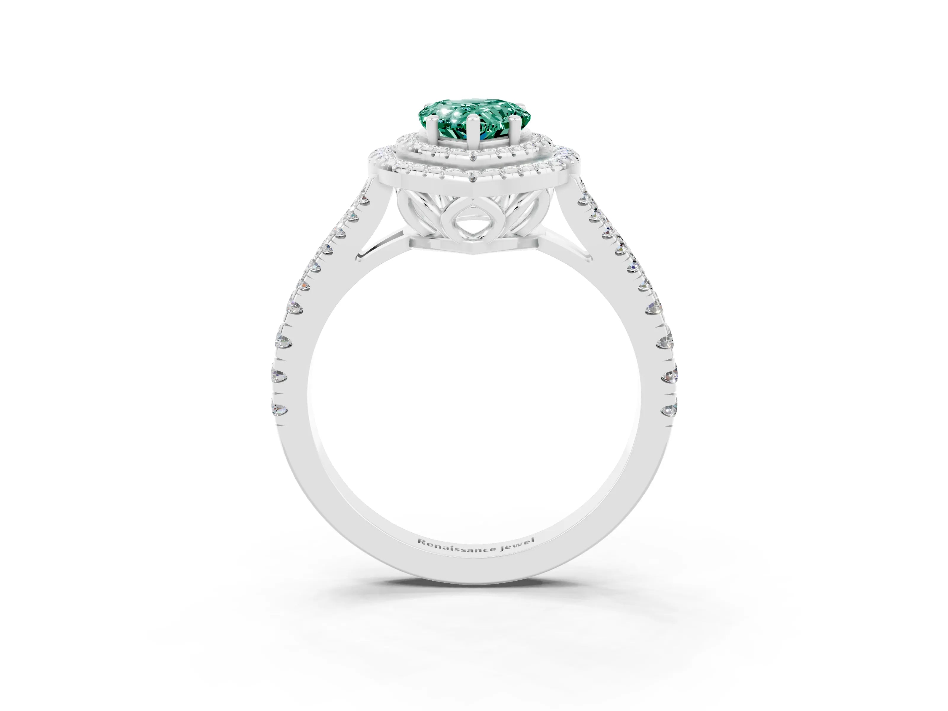 White gold Pear Cut Green Sapphire Double Halo Ring with Pavé Band and Prong Setting_15