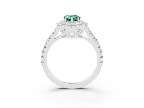 White gold Pear Cut Green Sapphire Double Halo Ring with Pavé Band and Prong Setting_15
