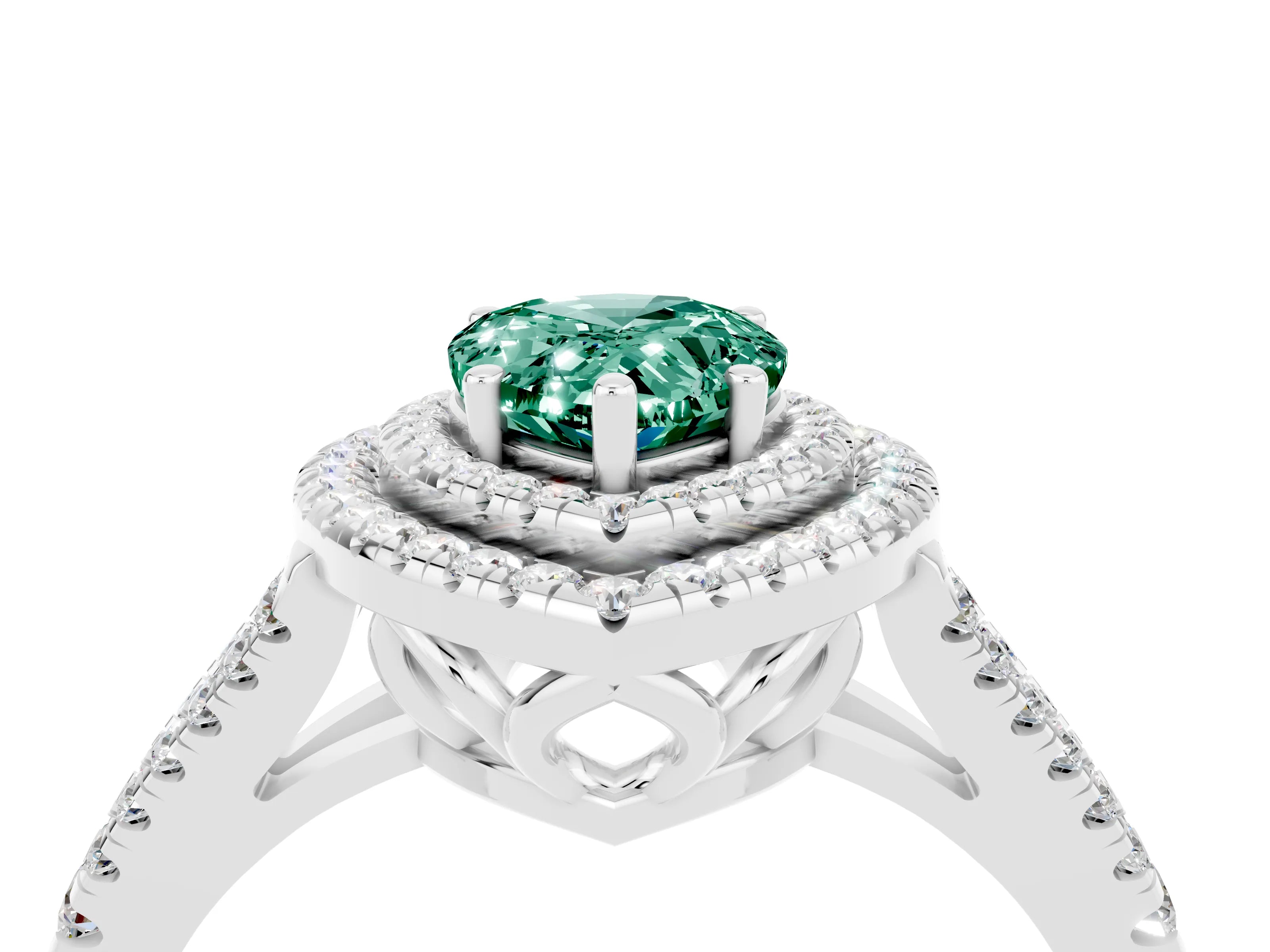 White gold Pear Cut Green Sapphire Double Halo Ring with Pavé Band and Prong Setting_16