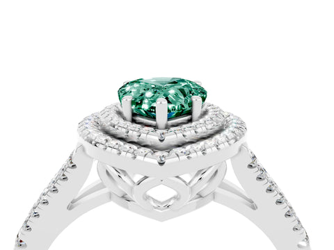 White gold Pear Cut Green Sapphire Double Halo Ring with Pavé Band and Prong Setting_16