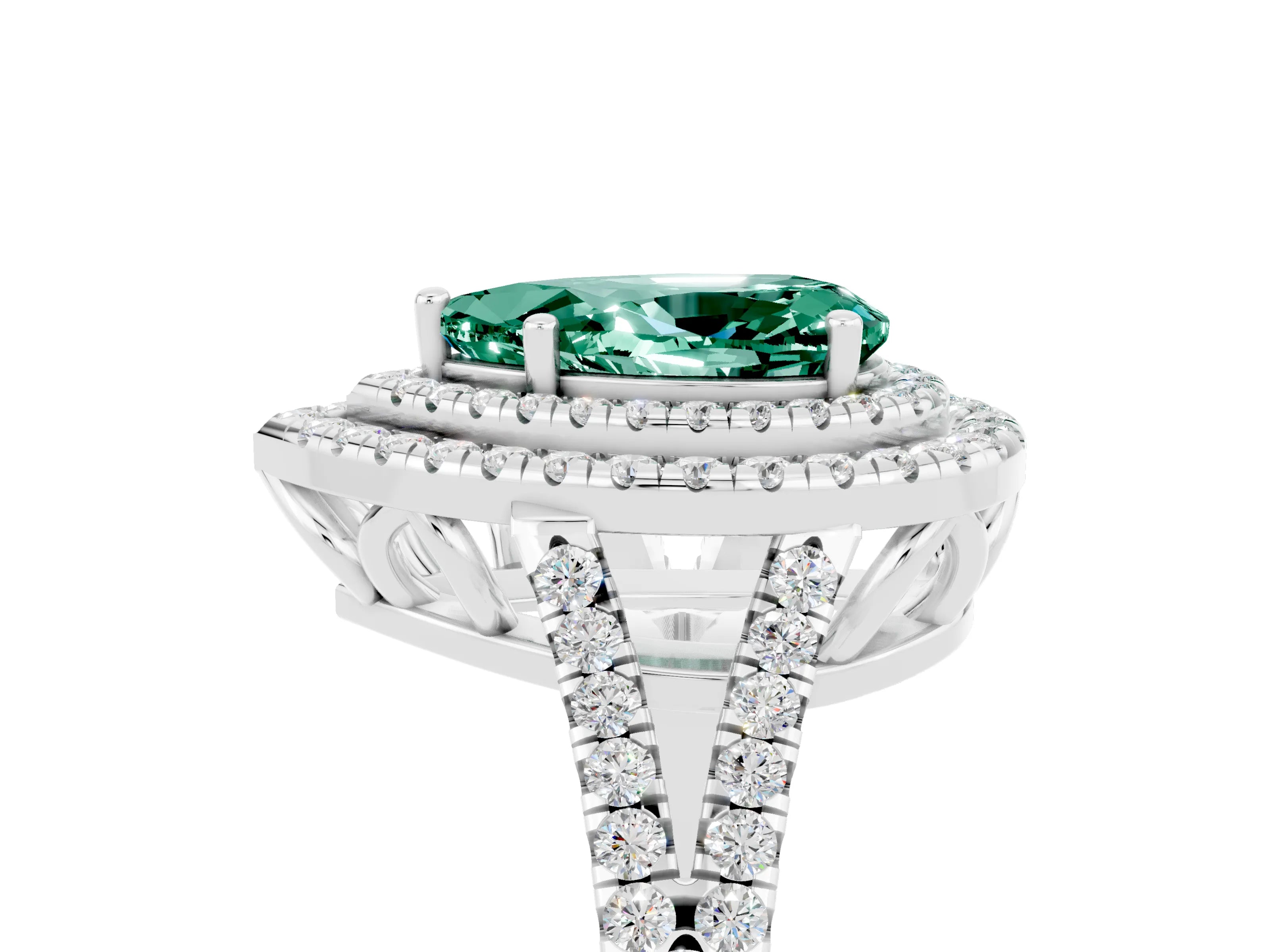 White gold Pear Cut Green Sapphire Double Halo Ring with Pavé Band and Prong Setting_17