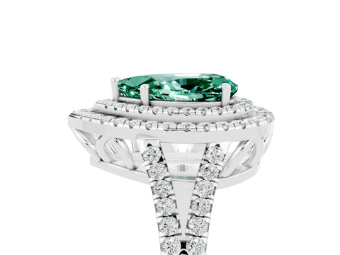 White gold Pear Cut Green Sapphire Double Halo Ring with Pavé Band and Prong Setting_17
