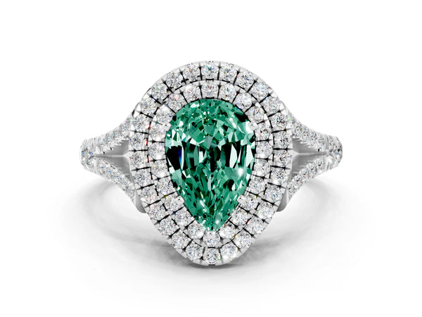 Platinum Pear Cut Green Sapphire Double Halo Ring with Split Shank and Prong Setting