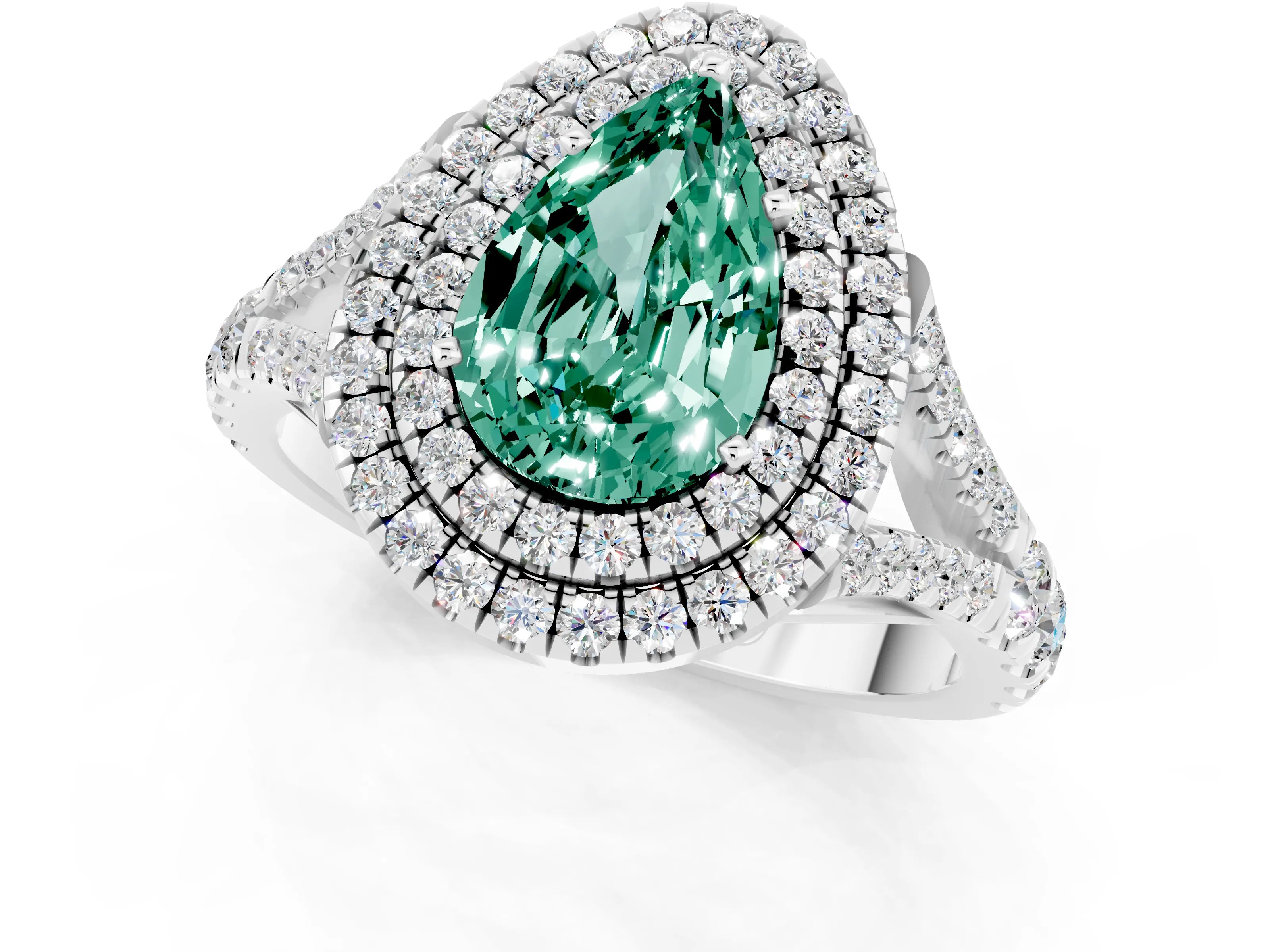 White gold Pear Cut Green Sapphire Double Halo Ring with Split Shank and Prong Setting_13