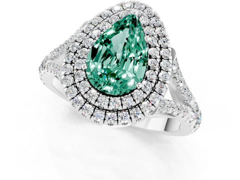 White gold Pear Cut Green Sapphire Double Halo Ring with Split Shank and Prong Setting_13
