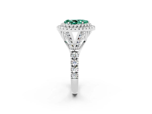Platinum Pear Cut Green Sapphire Double Halo Ring with Split Shank and Prong Setting