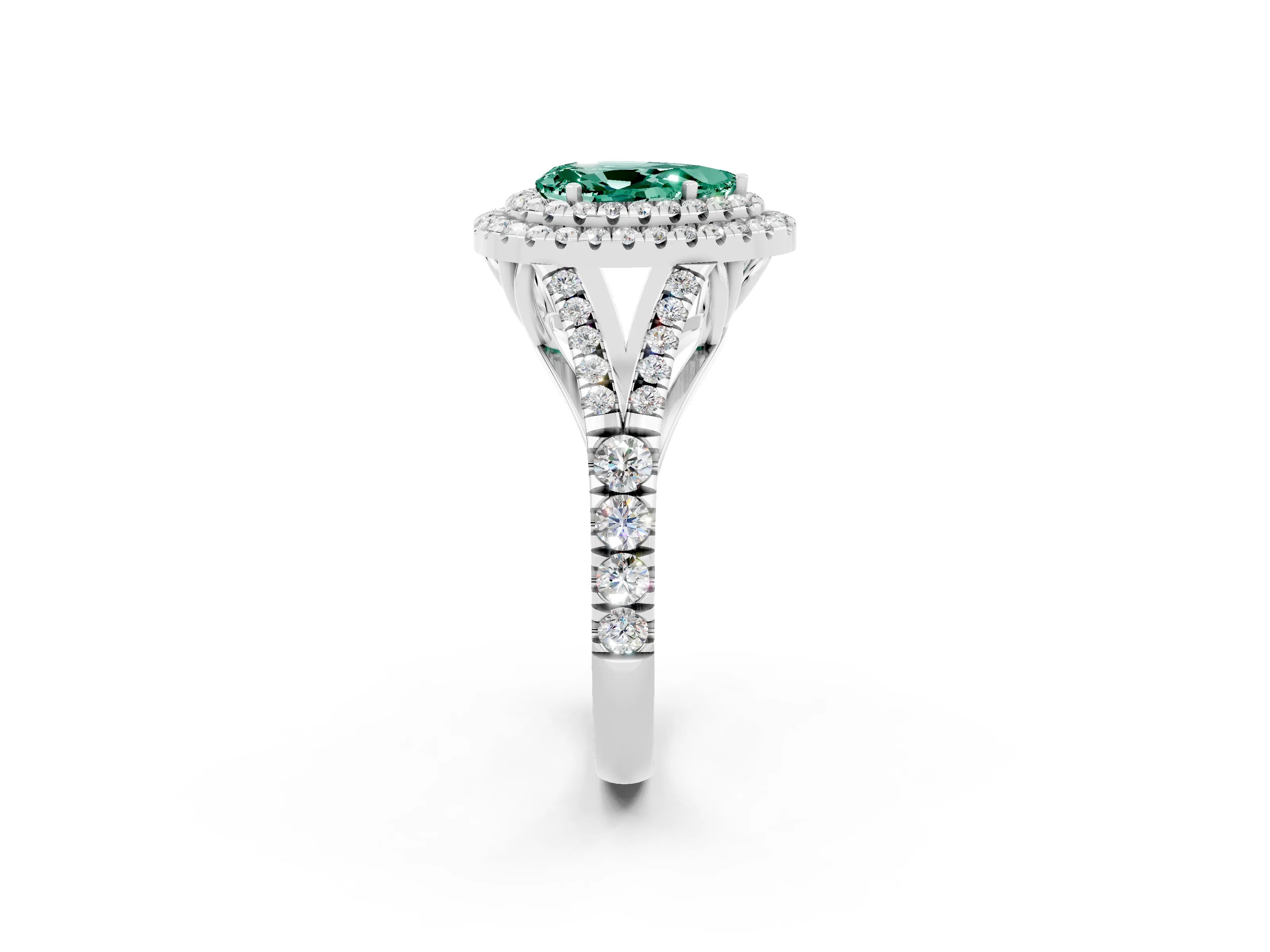 White gold Pear Cut Green Sapphire Double Halo Ring with Split Shank and Prong Setting_14
