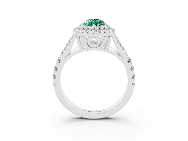 Platinum Pear Cut Green Sapphire Double Halo Ring with Split Shank and Prong Setting
