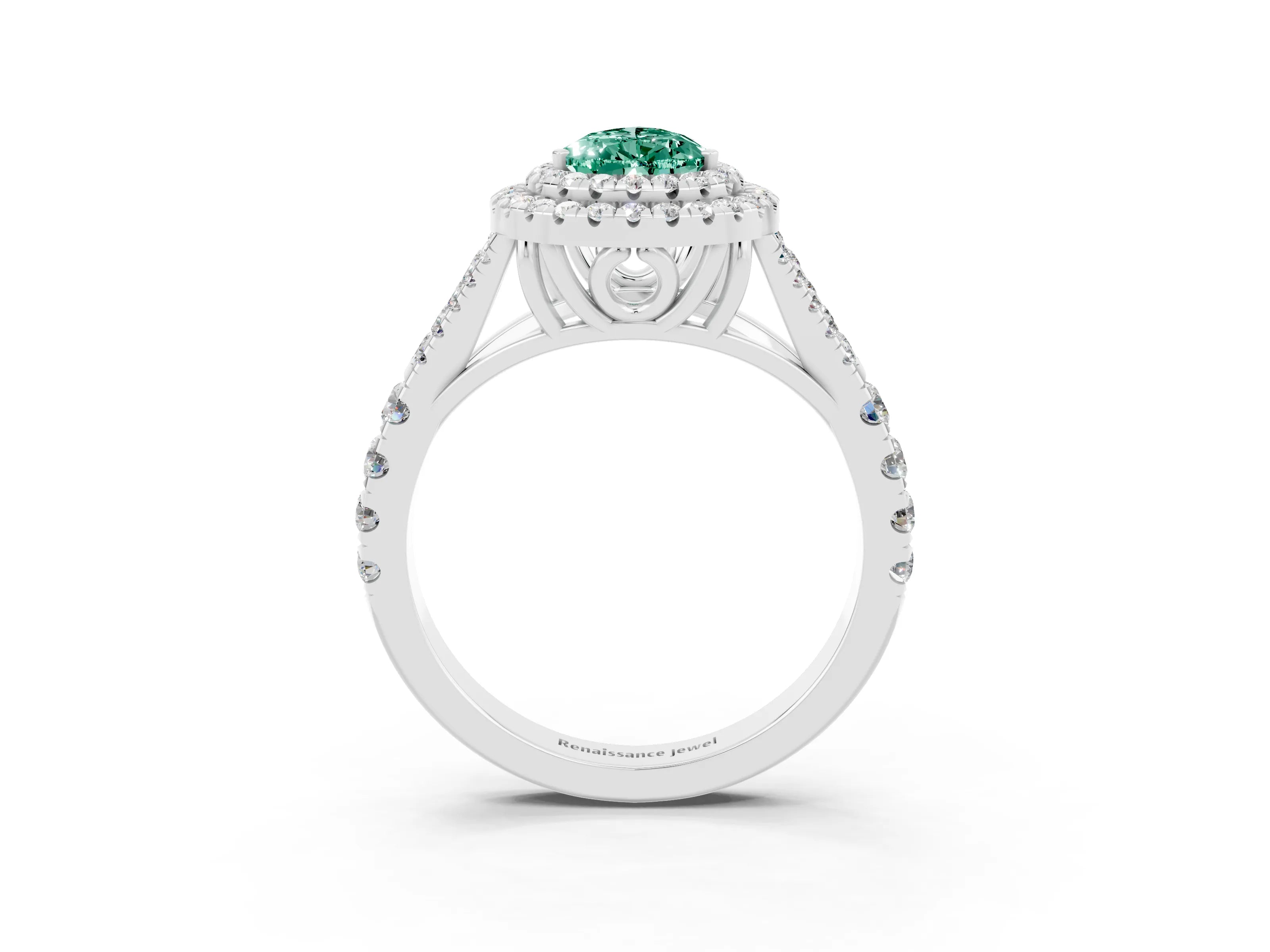 White gold Pear Cut Green Sapphire Double Halo Ring with Split Shank and Prong Setting_15