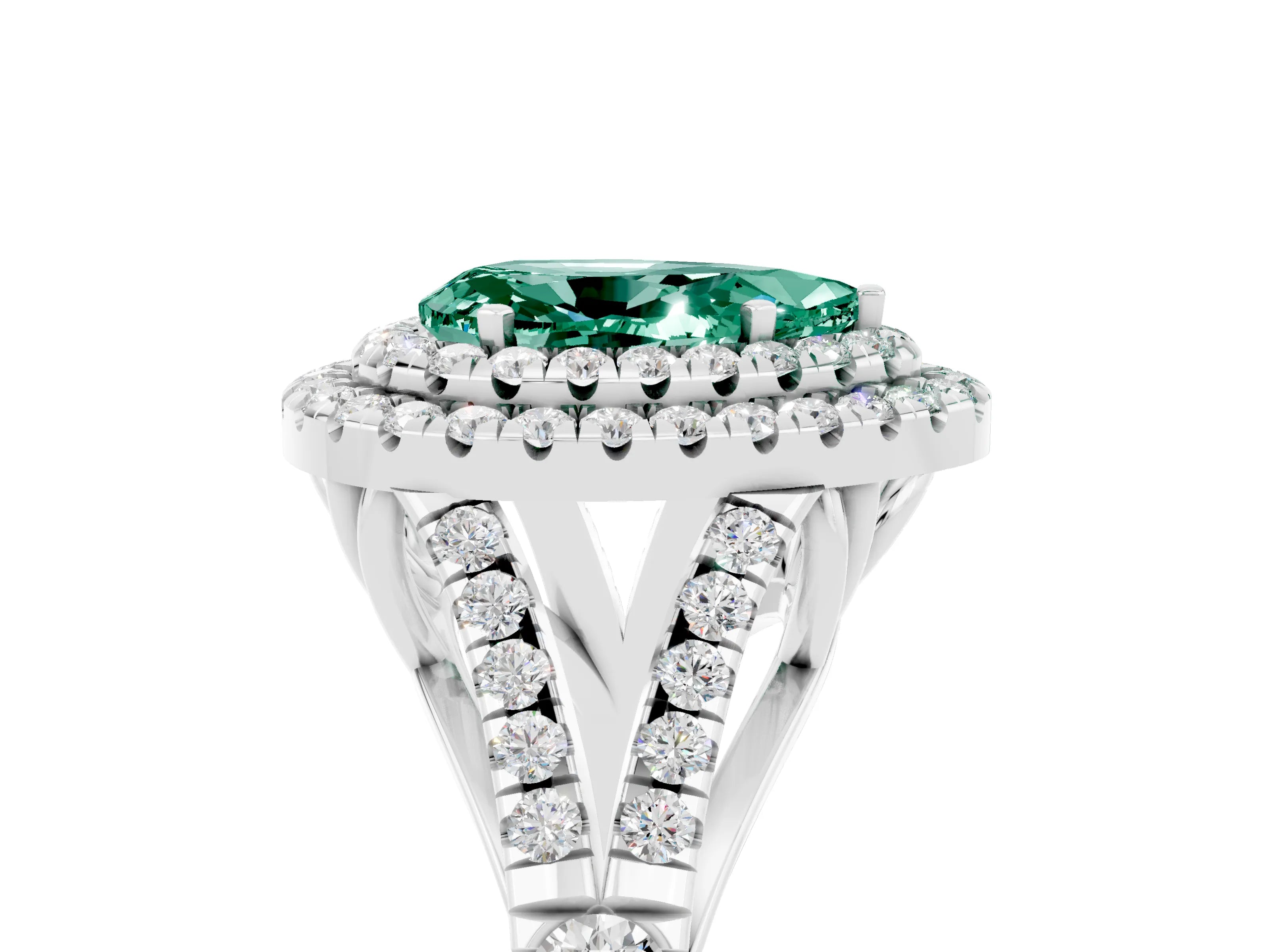 White gold Pear Cut Green Sapphire Double Halo Ring with Split Shank and Prong Setting_17