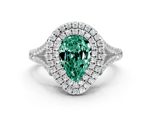 White gold Pear Cut Green Sapphire Double Halo Ring with Split Shank and Prong Setting_24