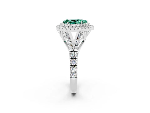 White gold Pear Cut Green Sapphire Double Halo Ring with Split Shank and Prong Setting_26
