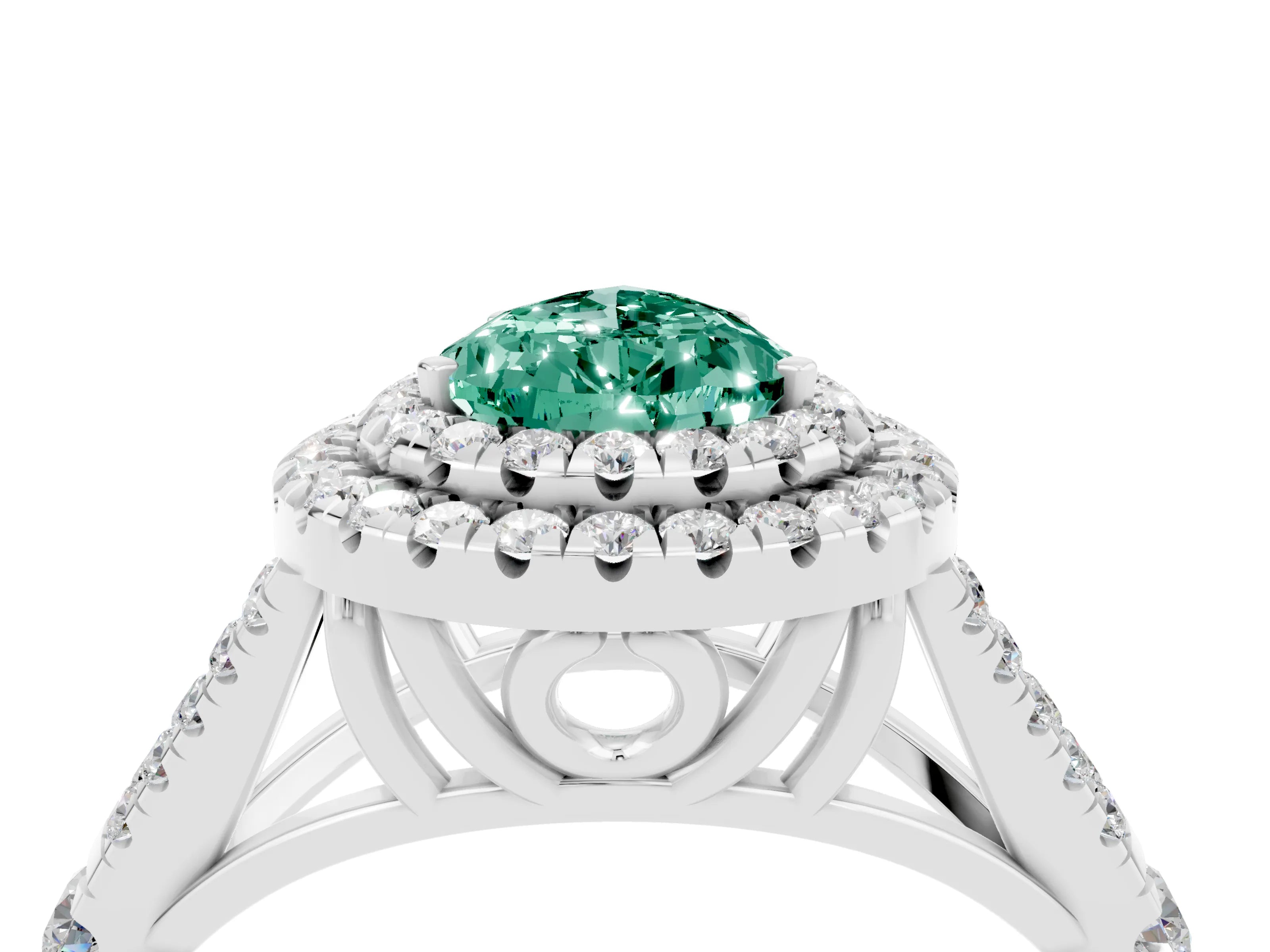 White gold Pear Cut Green Sapphire Double Halo Ring with Split Shank and Prong Setting_28