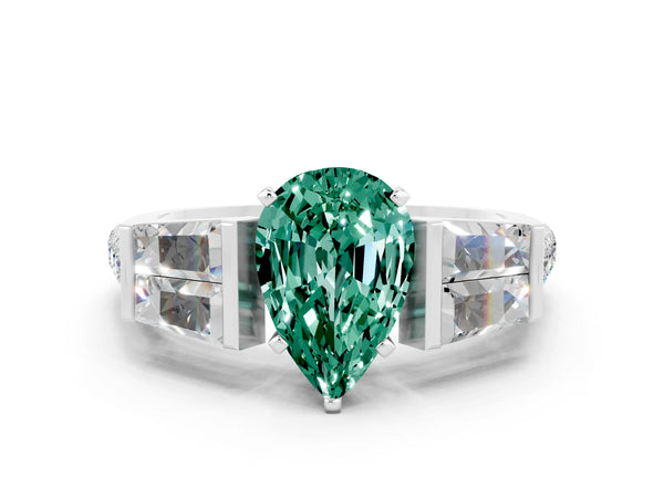 Platinum Pear Cut Green Sapphire Engagement Ring with Baguette Side Stones and Channel Set Band
