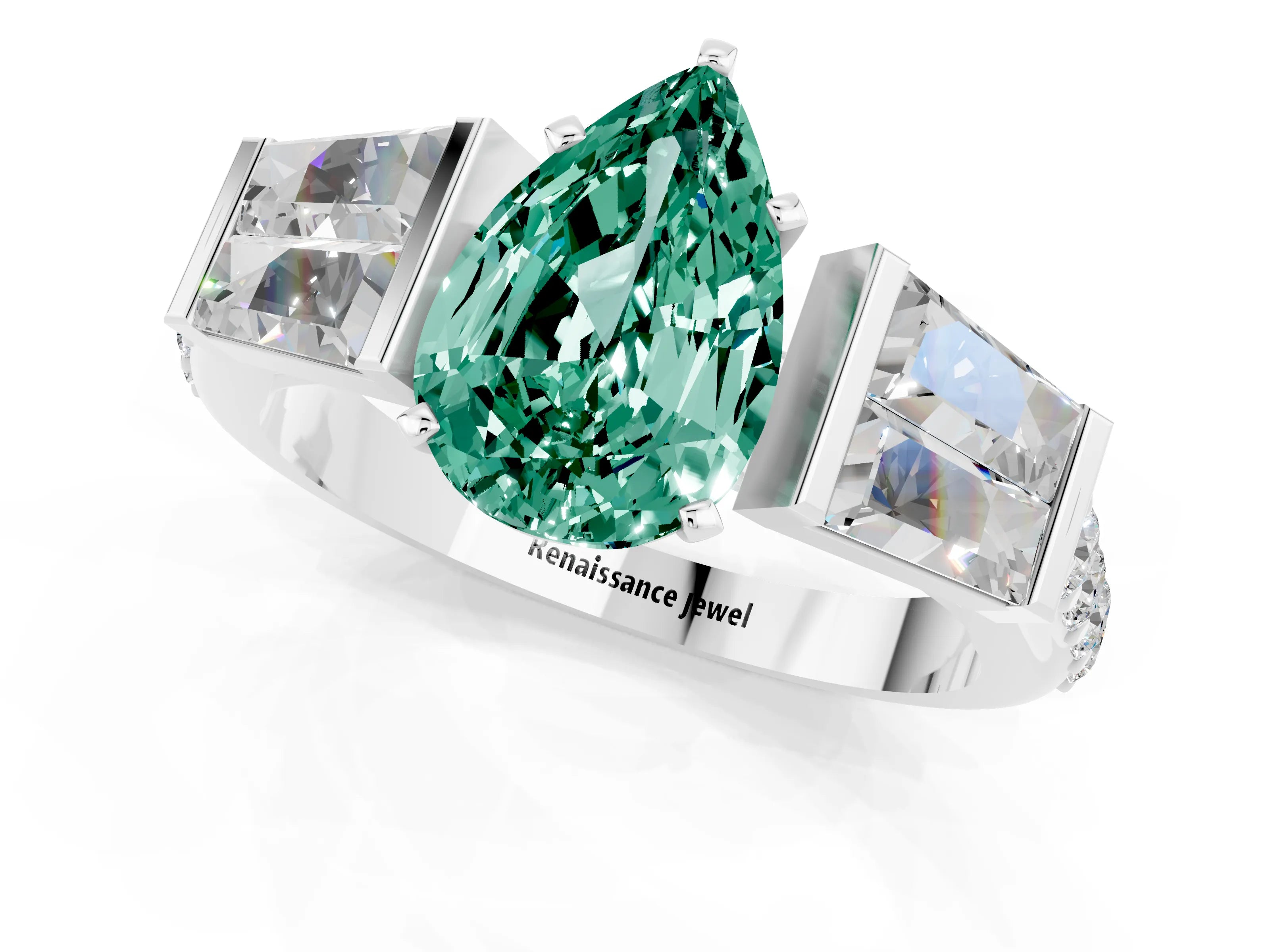White gold Pear Cut Green Sapphire Engagement Ring with Baguette Side Stones and Channel Set Band_1