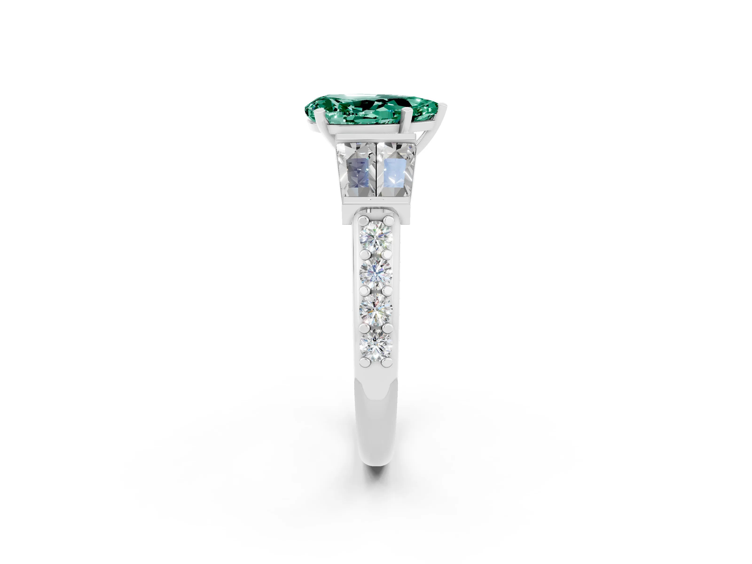 White gold Pear Cut Green Sapphire Engagement Ring with Baguette Side Stones and Channel Set Band_2
