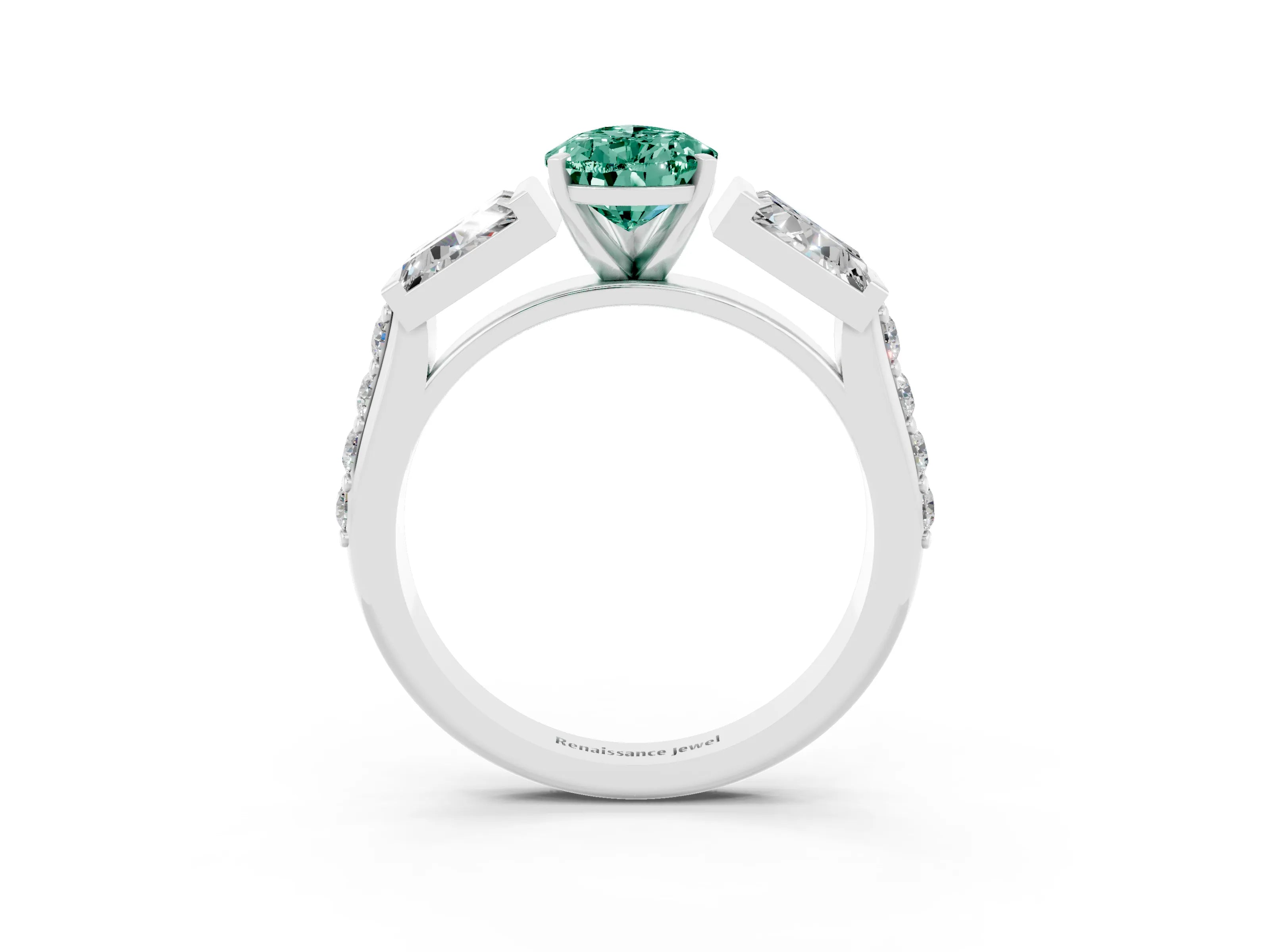 White gold Pear Cut Green Sapphire Engagement Ring with Baguette Side Stones and Channel Set Band_3