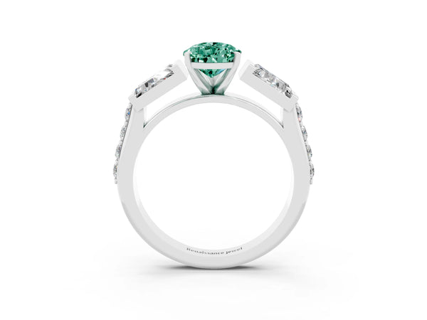White gold Pear Cut Green Sapphire Engagement Ring with Baguette Side Stones and Channel Set Band