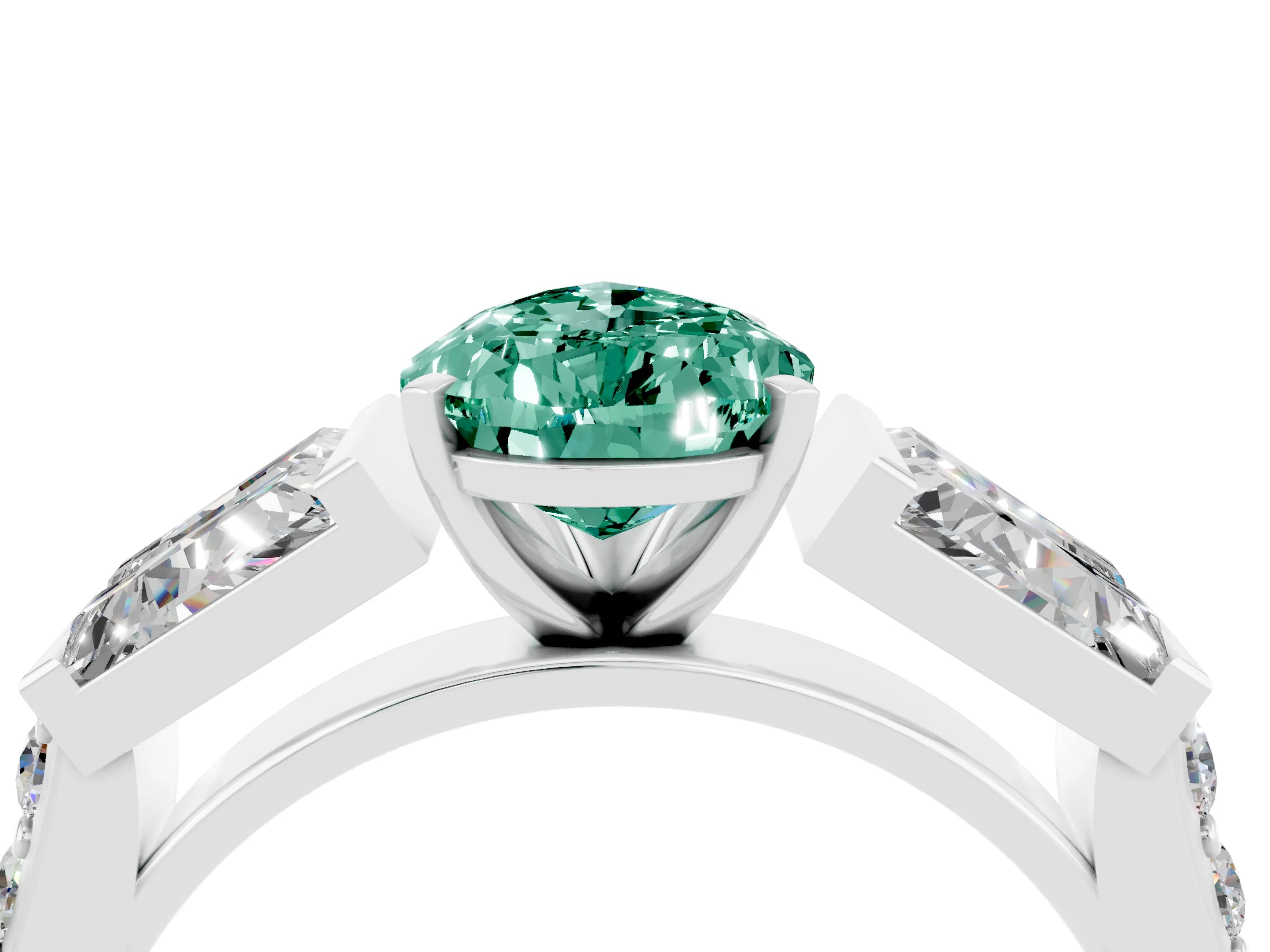 White gold Pear Cut Green Sapphire Engagement Ring with Baguette Side Stones and Channel Set Band_4