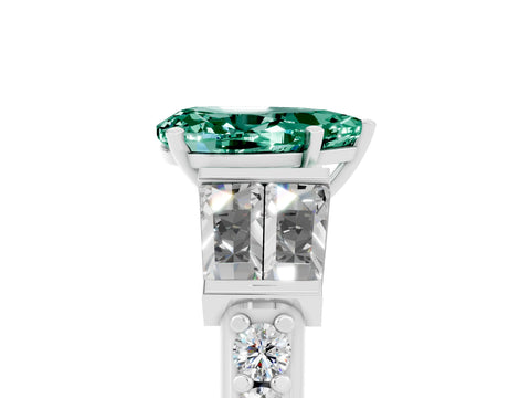 White gold Pear Cut Green Sapphire Engagement Ring with Baguette Side Stones and Channel Set Band_5