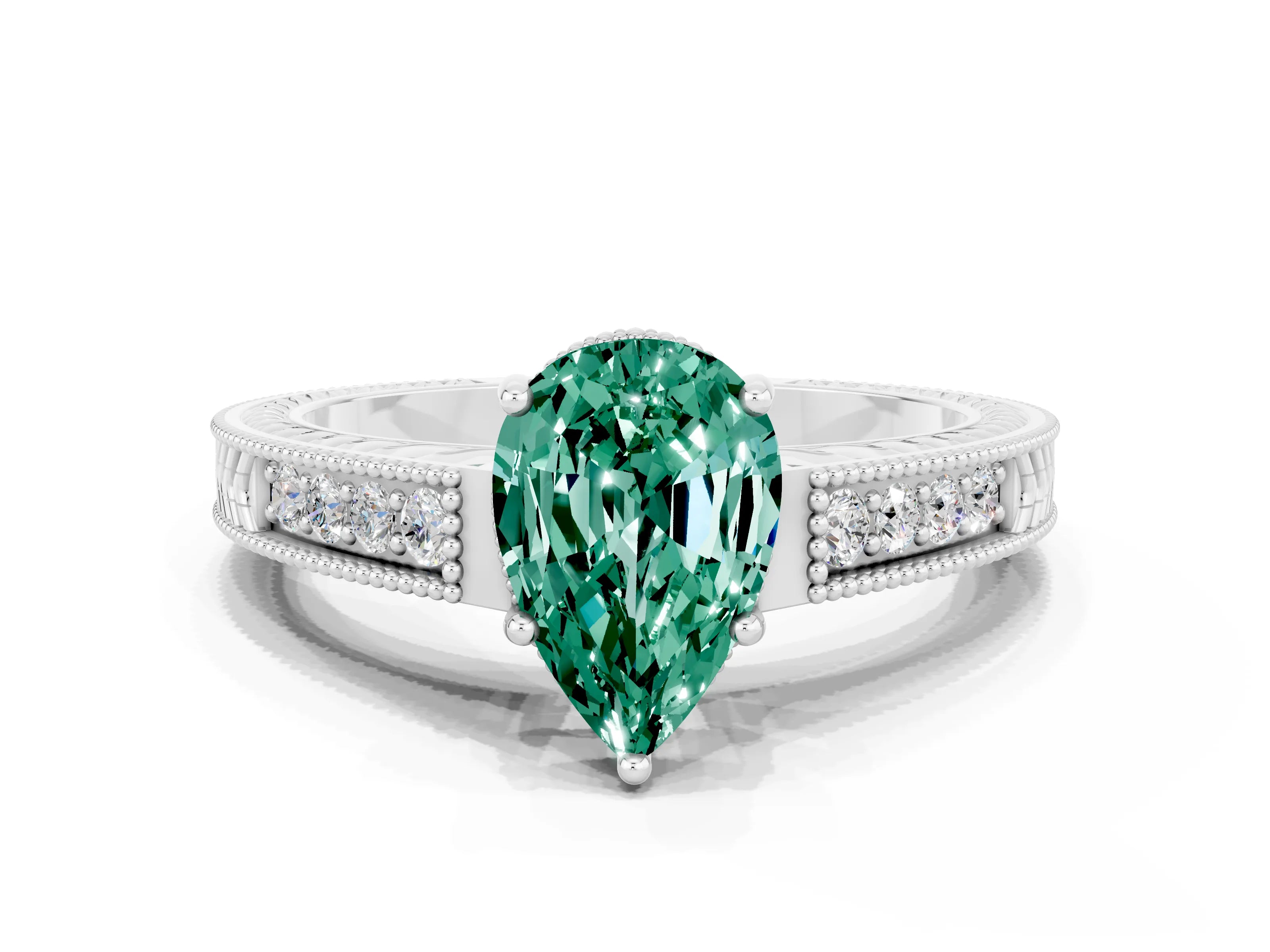 White gold Pear Cut Green Sapphire Engagement Ring with Milgrain Channel Set Band and Prong Setting
