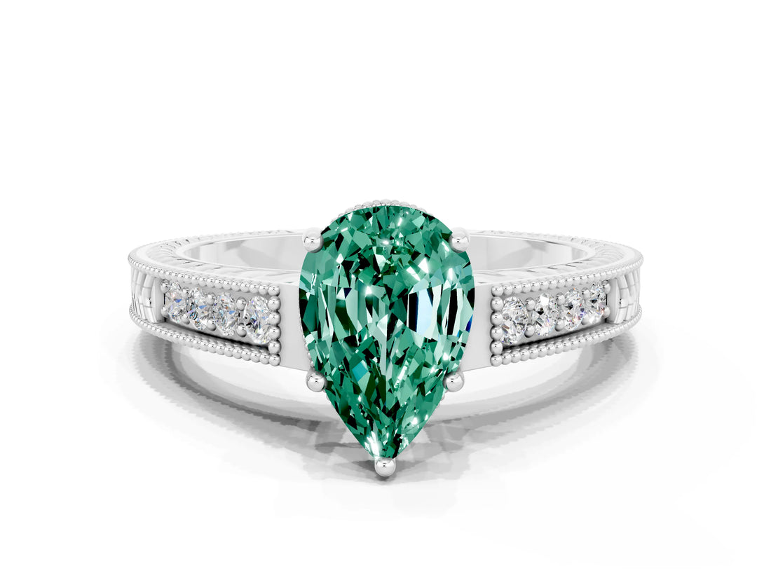 White gold Pear Cut Green Sapphire Engagement Ring with Milgrain Channel Set Band and Prong Setting