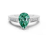 White gold Pear Cut Green Sapphire Engagement Ring with Milgrain Channel Set Band and Prong Setting