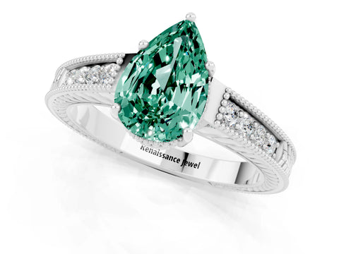 White gold Pear Cut Green Sapphire Engagement Ring with Milgrain Channel Set Band and Prong Setting_1