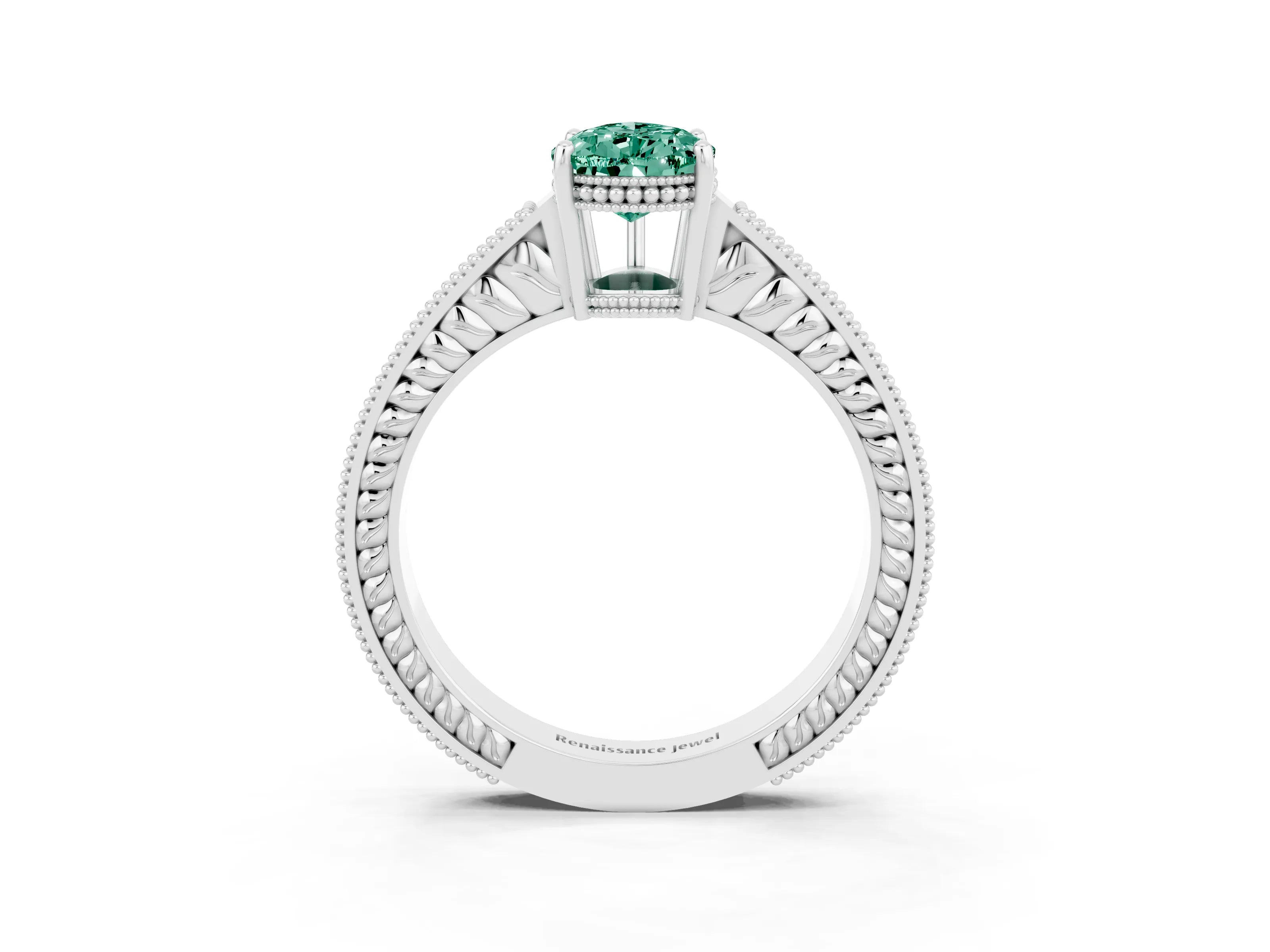 White gold Pear Cut Green Sapphire Engagement Ring with Milgrain Channel Set Band and Prong Setting_3