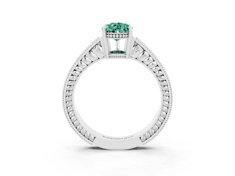 White gold Pear Cut Green Sapphire Engagement Ring with Milgrain Channel Set Band and Prong Setting_3