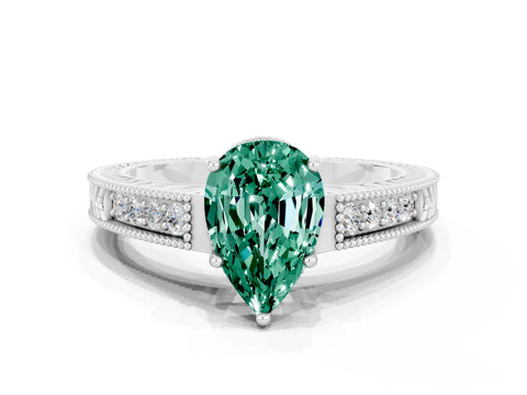 White gold Pear Cut Green Sapphire Engagement Ring with Milgrain Channel Set Band and Prong Setting