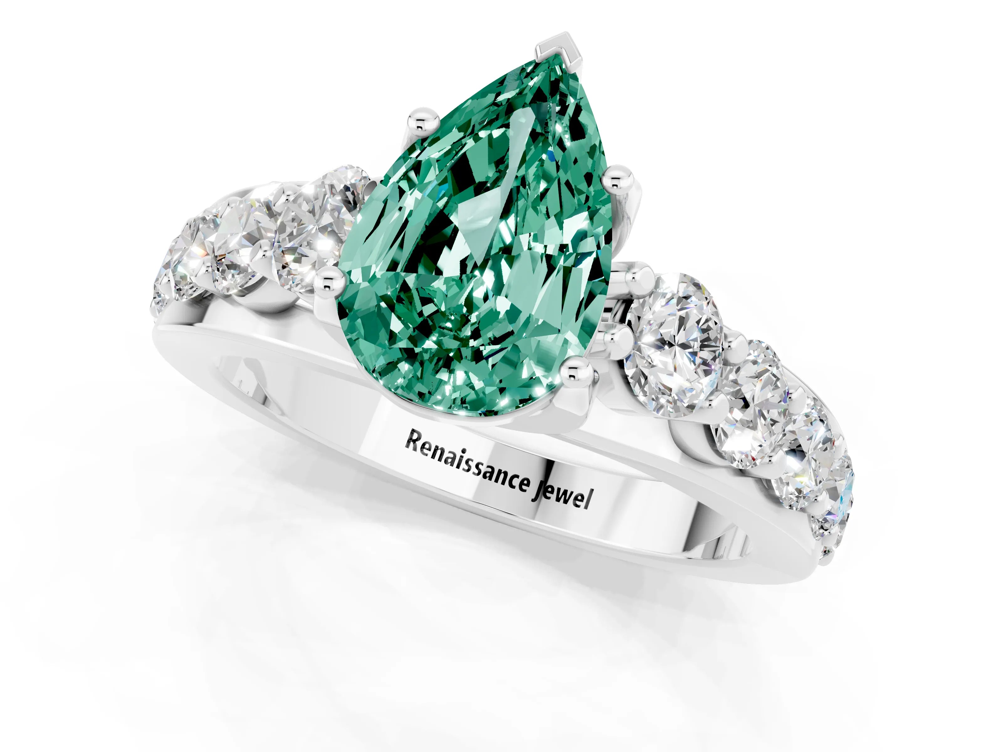 White gold Pear Cut Green Sapphire Engagement Ring with Pavé Band and Four-Prong Setting_1