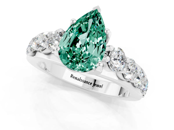 Silver Pear Cut Green Sapphire Engagement Ring with Pavé Band and Four-Prong Setting
