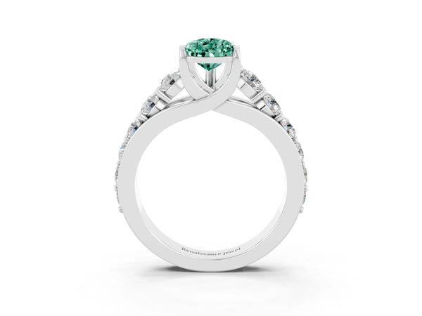 Platinum Pear Cut Green Sapphire Engagement Ring with Pavé Band and Four-Prong Setting