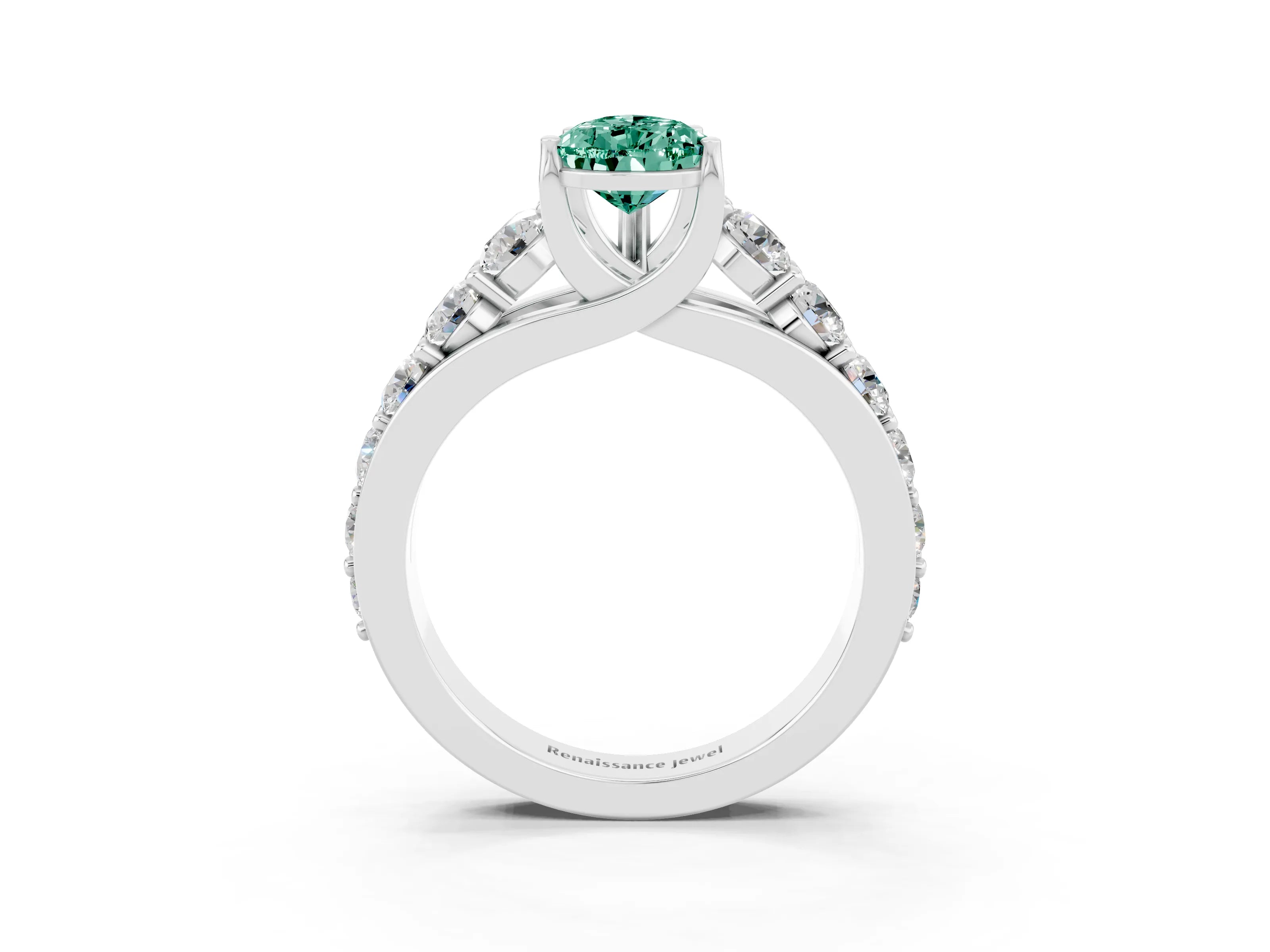White gold Pear Cut Green Sapphire Engagement Ring with Pavé Band and Four-Prong Setting_3