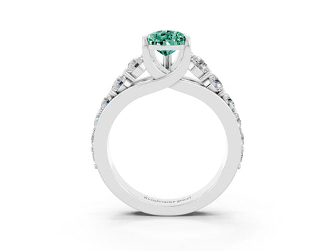 White gold Pear Cut Green Sapphire Engagement Ring with Pavé Band and Four-Prong Setting_3