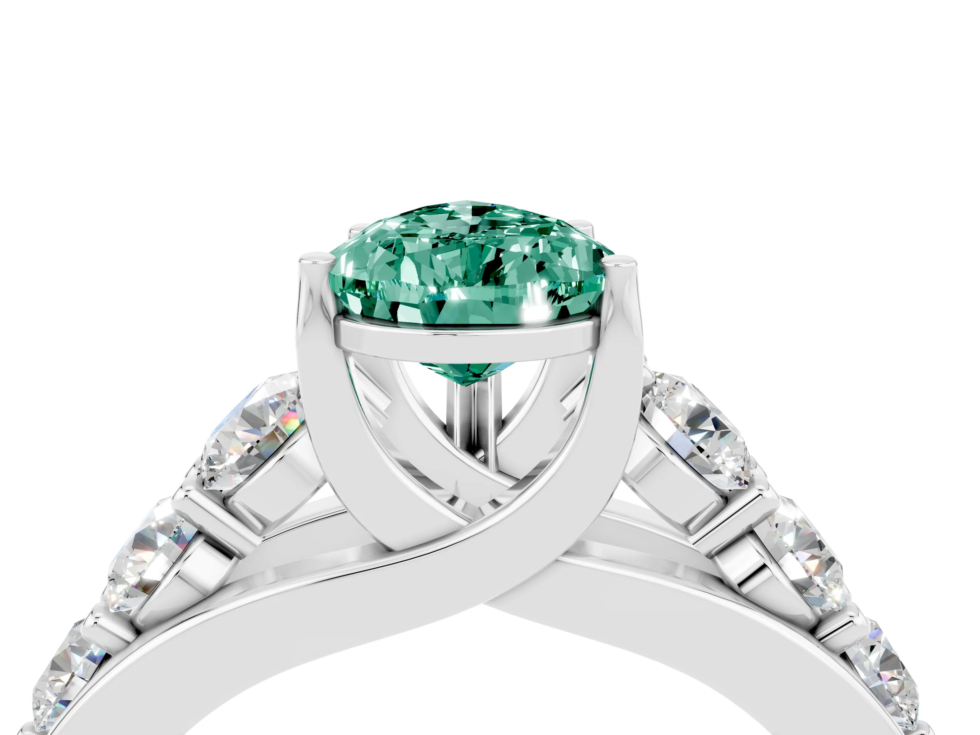 White gold Pear Cut Green Sapphire Engagement Ring with Pavé Band and Four-Prong Setting_4